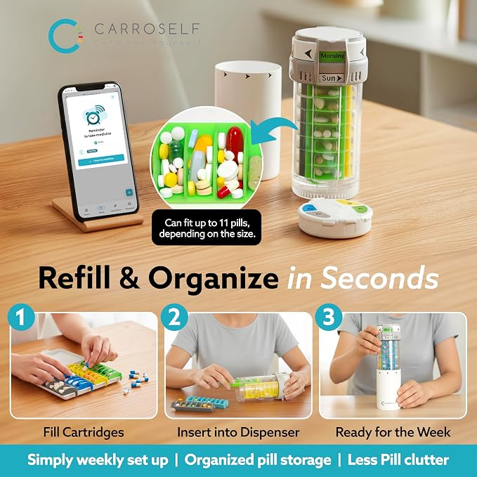 Pill Dispenser with Pill Cutter and App Reminder – Locked Vitamin Medication Dispenser & Portable Medicine Storage Box, Travel-Friendly Pill Organizer for Daily Medication Use | No Batteries Needed
