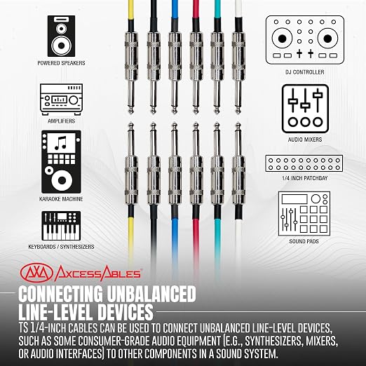 AxcessAbles Audio 1/4-Inch TS Guitar Amp & Bass Patch Cables - Metal Connectors, OFC Copper Wire | TS 1/4" Guitar Mono Cables| Male to Male 6ft Multicolor Instrument Patch Cords (6ft - 6 Pack)