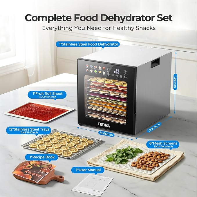 OSTBA Food Dehydrator, 12 Stainless Steel Trays, 95–165℉ Adjustable Temp, 48h Digital Timer, 850W Food Dryer, Front Control Panel with 10 Presets for Fruit, Vegetable, Jerky, Herb, Commercial Use