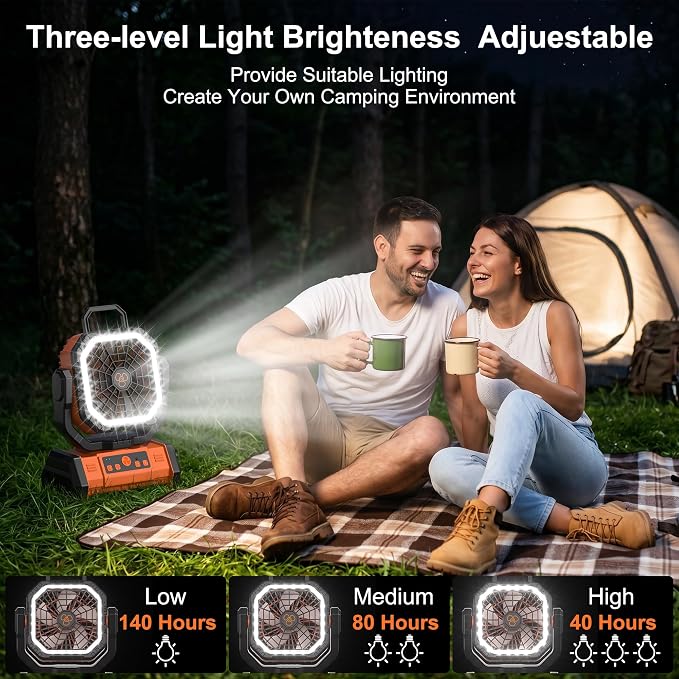 Portable Rechargeable Fan 20000mAh,Cordless Battery Powered Camping Fan with LED Light& Remote,4 Speeds Wind,USB, Timer,Oscillating for Travel Tent,Rv Camping Essentials (Orange)