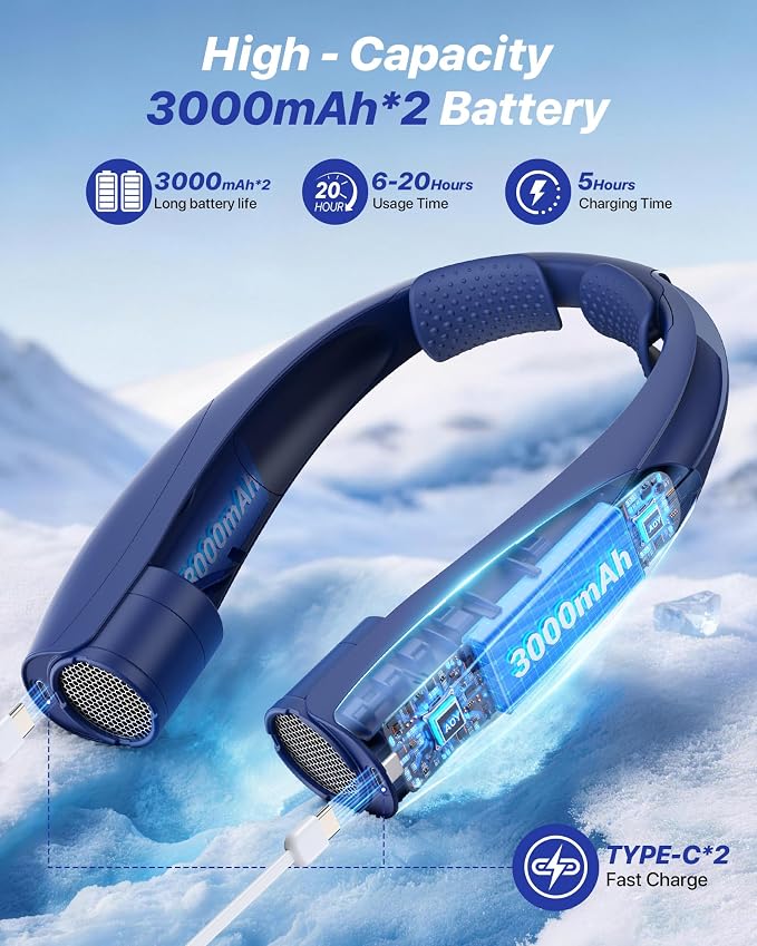 Kesguar Portable Neck Fan, 20H RunTime Cooling Fan, 6 Speeds 360° Airflow Personal Fan, Rechargeable Hands Free with 6000mAh Battery Wearable Fan Gifts for Women Men Outdoor Travel Camping