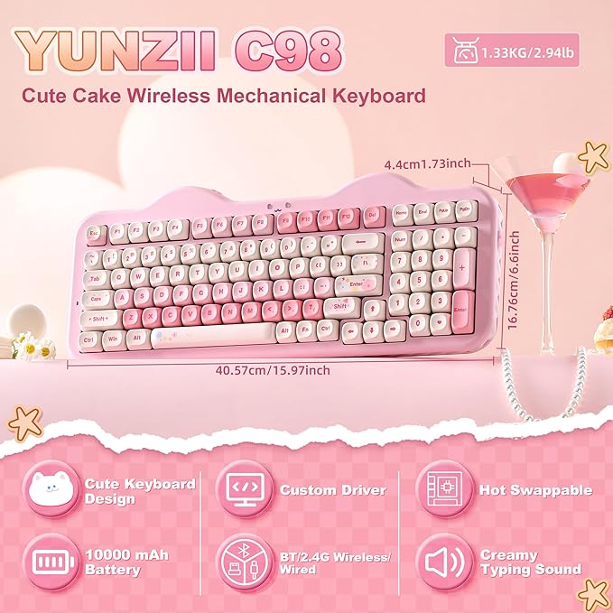 YUNZII C98 Wireless Mechanical Keyboard with Number Pad,99 Key BT5.0/2.4G/USB-C Hot Swap Gasket Mount with PBT MOA Keycaps,Custom RGB,Cute Cake Keyboard for Win/Mac (Pink, Candy Linear Switch)