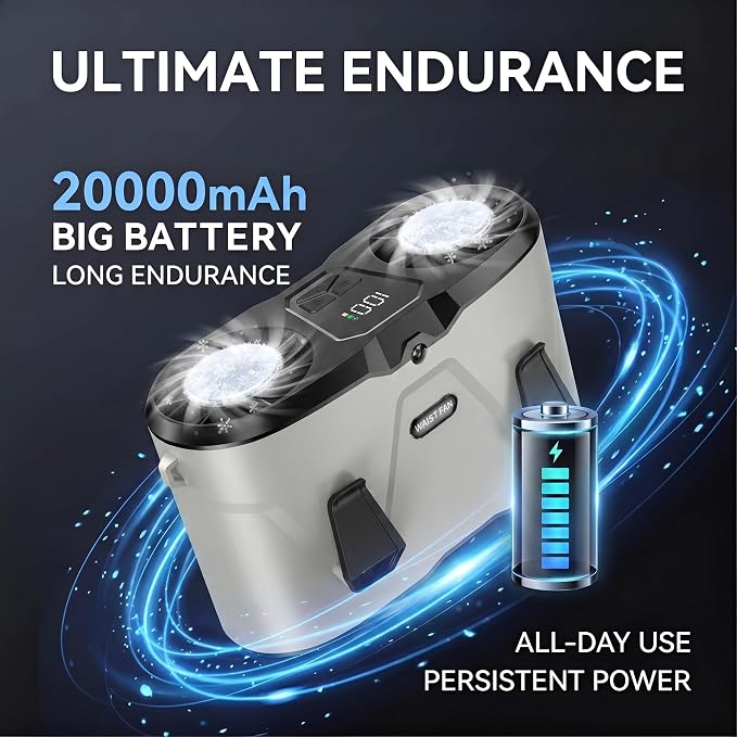20000mAh Portable Waist Fan Rechargeable, Dual Air Outlet Belt Fan with Cooling Plate, 10 Speed Personal Air Conditioner with LED Display & Light for Work Outdoor (Gray)