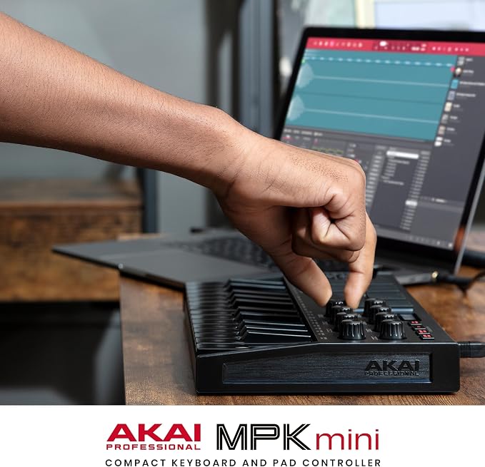 Akai Professional MPK Mini MK3 25 Key USB MIDI Keyboard Controller With 8 Backlit Drum Pads, 8 Knobs, Music Production Software and Native Instruments Sound Package (NKS Integration), Black