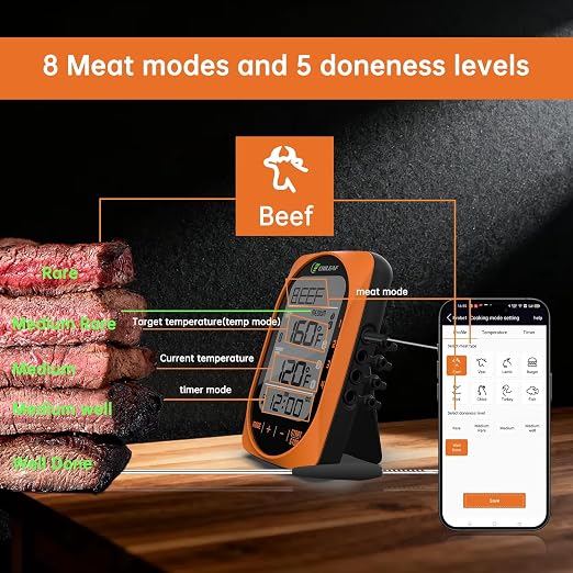 Bluetooth Meat Thermometer Smart Kitchen Thermometers with Timer Mode Temper Mode Digital Instant Read Food ThermometerA Grill Oven Thermometer with 4 Probes for Grill Candy Meat Oven Food Smoker