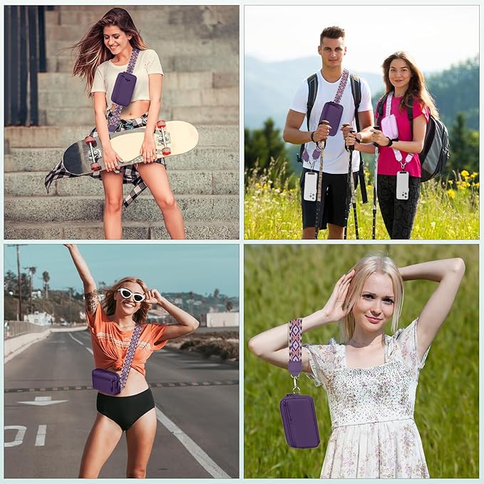 YFWE Clip and Go Strap for Phone with Wallet Crossbody, Adjustable Phone Lanyard with Detachable RFID Wristlet Wallet, Pattern Strap - Dark Purple (L)