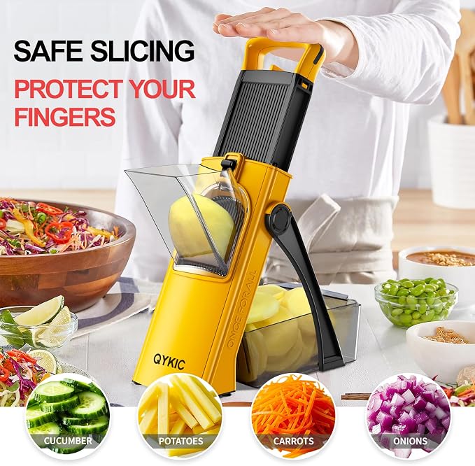 QYKIC Upgrade Safe Mandoline Slicer for Kitchen, Vegetable Chopper Slicer, Potato Slicer Thickness Adjuster, Veggie Onion Dicer for Quick Meal Prep