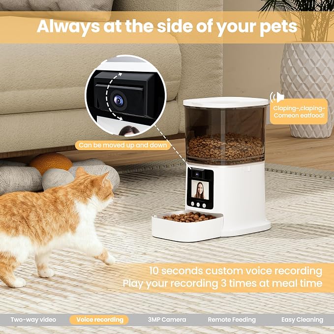 Automatic Cat Feeders, 5L Timed Cat Dry Food Dispenser, 5G WiFi Pet Feeder with 2-Way Audio, 10s Voice Recorder, Equipped with Screen and bidirectional Video Function, (White)