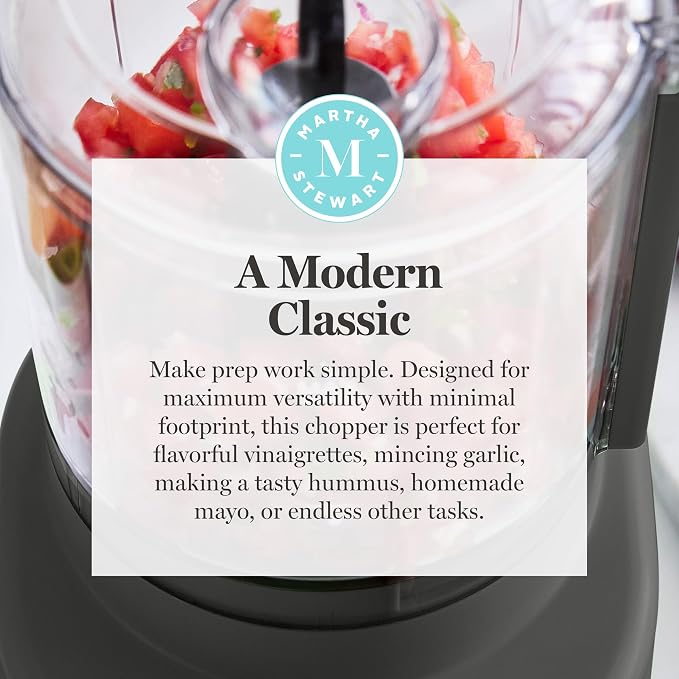 Martha Stewart 3 Cup Electric Food Chopper, Vegetable & Herb Mini Food Processor, 24oz BPA-Free Bowl, Stainless Steel Blades, Pour Spout, Dicing, Mincing, Chop & Puree, Dishwasher Safe, Caviar