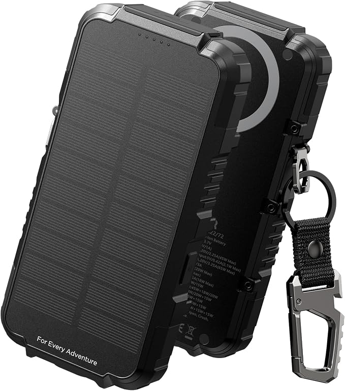Dexnor 27,000mAh Solar Power Bank Portable Charger, Fast Charging External Battery Pack with LED Flashlight, 3 Ports & Wireless Charging for Phone, Tablets, Laptops for Camping, Travel & Emergency