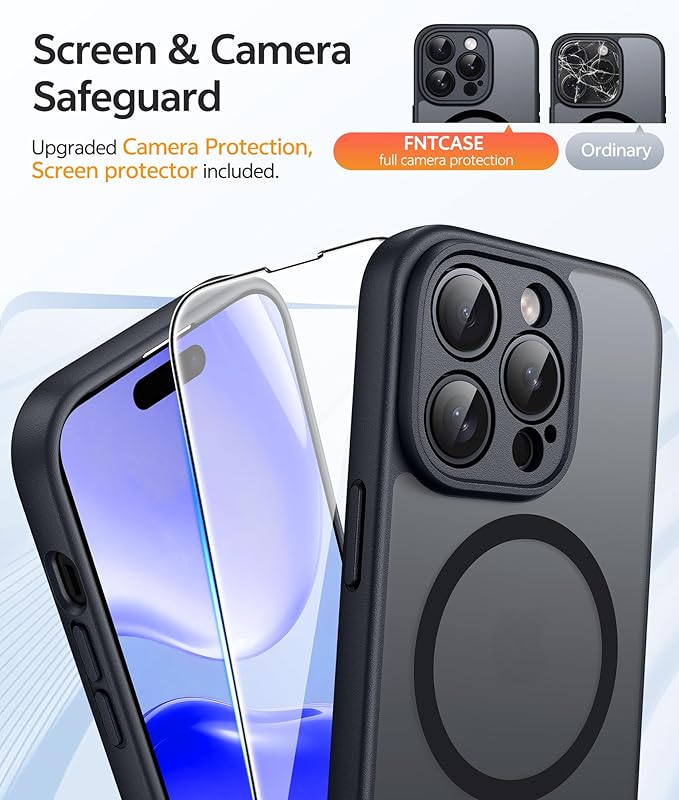 FNTCASE for iPhone 14 Pro Case: [Compatible with Magsafe] Translucent Matte Cases with [Full Camera Protection] [Screen Protector] Military Grade Shockproof Protective Phone Cover - Black
