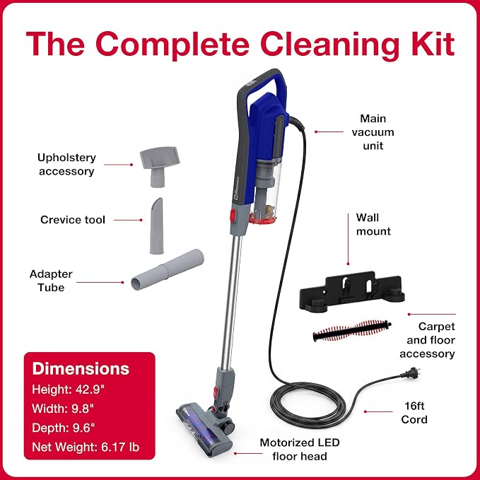 Koblenz Sagittarius Corded Stick Vacuum Cleaner, 3-in-1, 600W Motor, Brush Roll with LED, Cyclonic, Bagless 59 oz Dust Cup, Wall Mount, 16 ft Cord, Lightweight 5 lbs, Pet Hair, All Surfaces, SVK-631