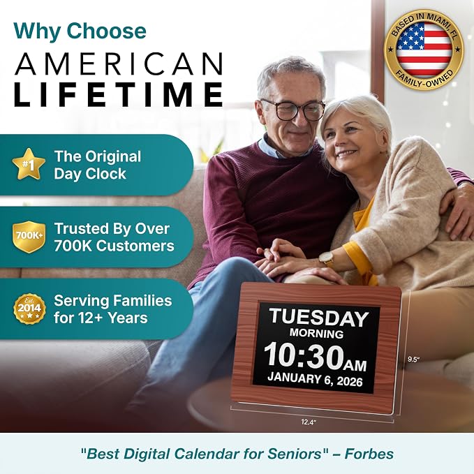 American Lifetime New 2026 Dementia Clock Large Digital Clock for Seniors, Alzeimer Clock Large Display with Custom Alarms, Clock with Day & Date for Elderly, Digital Calendar Premium Brown Wood 12"
