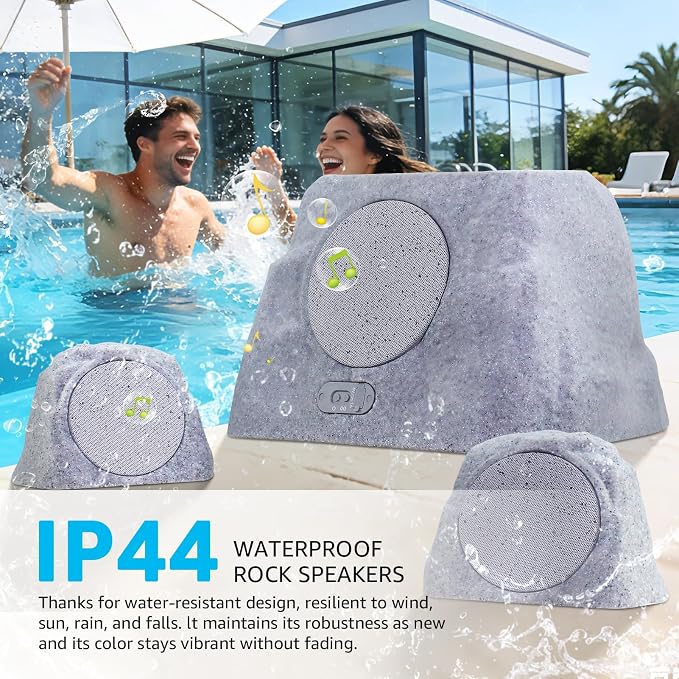 uuffoo 1-to-2 Solar Powered Rock Speakers Outdoor Water-Resistant IP44 Rock Speaker with Bass and USB Charging for Patio Pool Party Yard Garden Outside