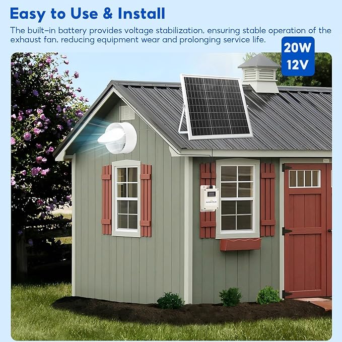 Solar Powered Fan with Battery,20W Solar Panel Weatherproof+ 8'' Solar Exhaust Fan with 9.84Ft On/Off Cable for Greenhouse Circulation, Chicken Coop, Shed, Pet Houses, Ventilation