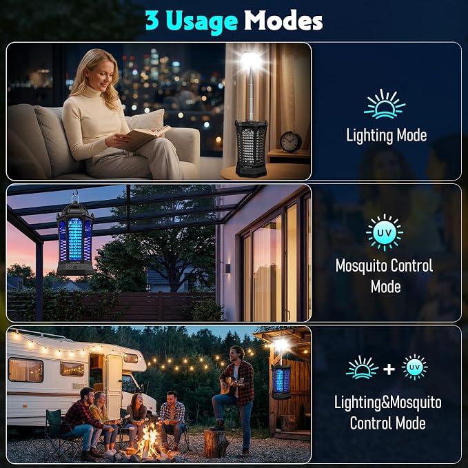 Bug Zapper Outdoor 2026, Portable Electric Mosquito Killer with Camping Light, Cordless USB Rechargeable Bug Zapper Fly Zapper Trap for Fishing, Hiking, Camping, Patio, Home