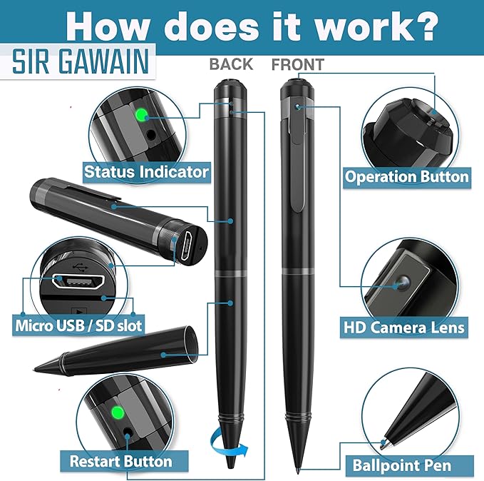 SIRGAWAIN Premium Body Camera Pen — Full HD 1080p Video & Photos, 70-Min Battery, Motion Detection, One-Button Control, 2026 Model