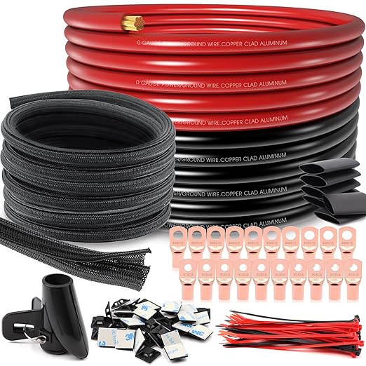 40FT 0 Gauge Wire,1/0 Battery Cable Copper Clad Aluminum for Winch,Reducer,Starter,Solar Power,DC Wiring,W/ 40 Feet PET Cable Sleeve,20pcs Connectors Lugs and 3:1 Heat Shrink Tube