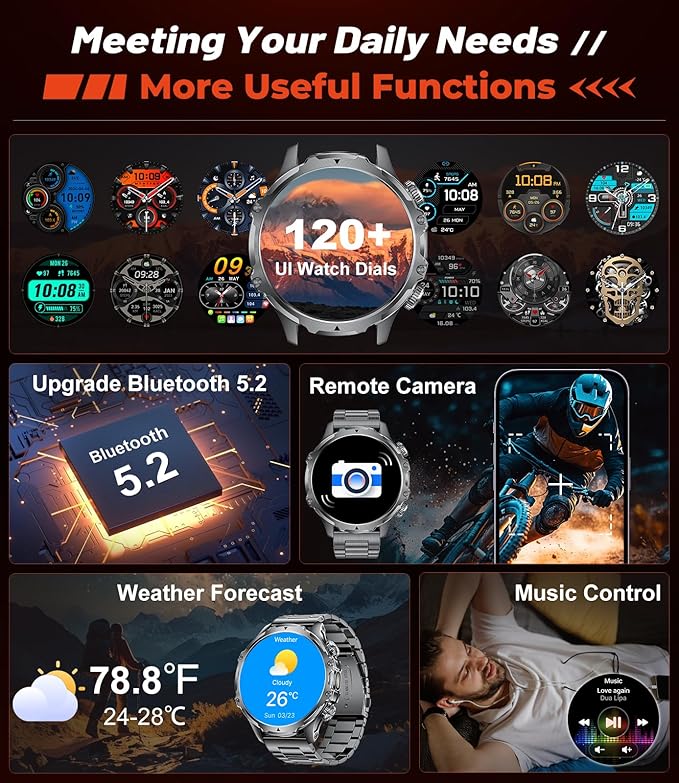 Militrary Smart Watch for Men,1.85" HD/800mAh Battery Smart watches for Android/iOS (Bluetooth Call Answer/Calls)Fitness Tracker,100+ Sports/LED Flashlight/IP68 Waterproof/Sleep Tracker Smartwatch