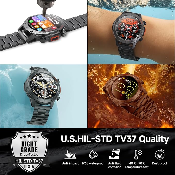 Smart Watches for Men,Military Rugged Men Smartwatch, Stainless Steel Body, IP68 Waterproof, 30-Day Long Standby, Answer/Make Call, 1.43" HD Screen, Compatible for Android iOS(2 Bands)