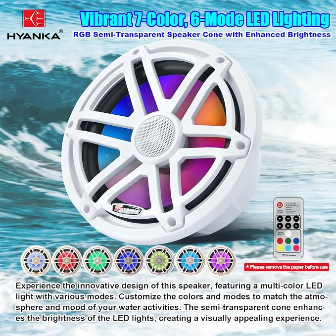 H YANKA HMS-08W 8" Marine Speakers - 1000W 2-Way IP67 Waterproof Boat Stereo System with LED Lights, High-Fidelity Coaxial Speakers, Y30 Magnet Woofer, UV & Salt Spray Resistant - 1 Pair (White)