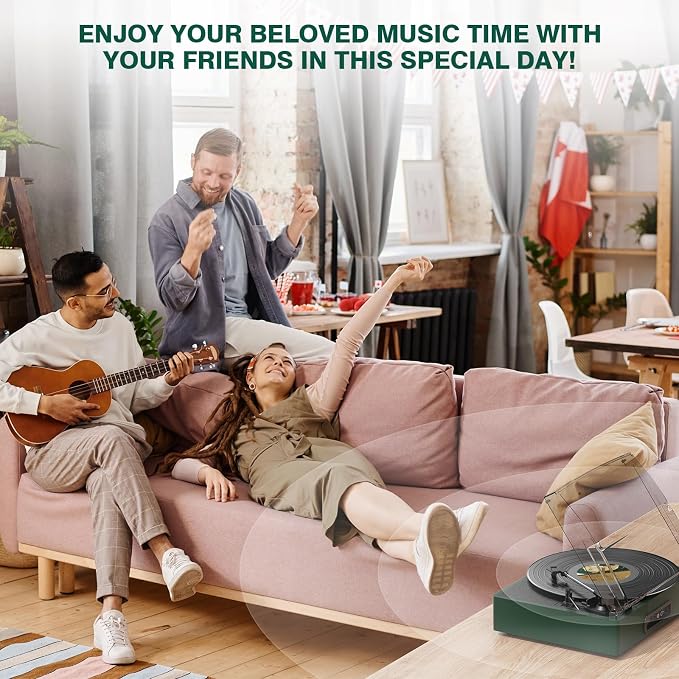 Record Player Bluetooth Turntable with Built-in Speakers & 3 Speed 3 Size Portable Retro Vinyl Record Player for Entertainment and Home Decoration Emerald Green