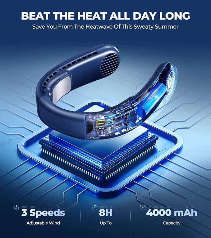 1S Cool Down 30°F Neck Fan with Double Semiconductor Coolers, 360° Surrounded Personal Fans Air Conditioner that Blow Cold Air, 8H lasting Portable Fan with 3 Speed, Gifts for Men Women Outdoor Travel