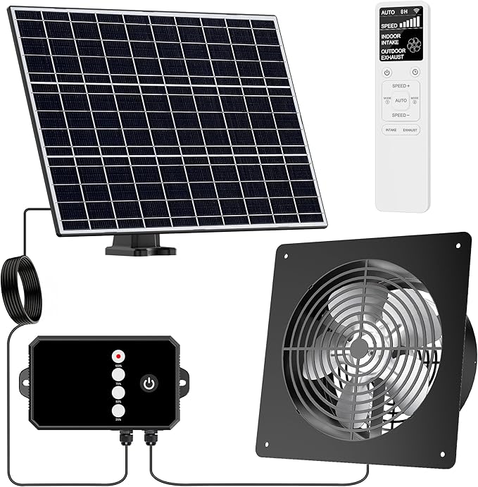 15W Dual Solar Powered Fan with programmable Remote, 3 Mode Aluminium Intake & Exhaust Fan with Timer for Chicken Coop, Shed, Greenhouse, Cabin & Attic