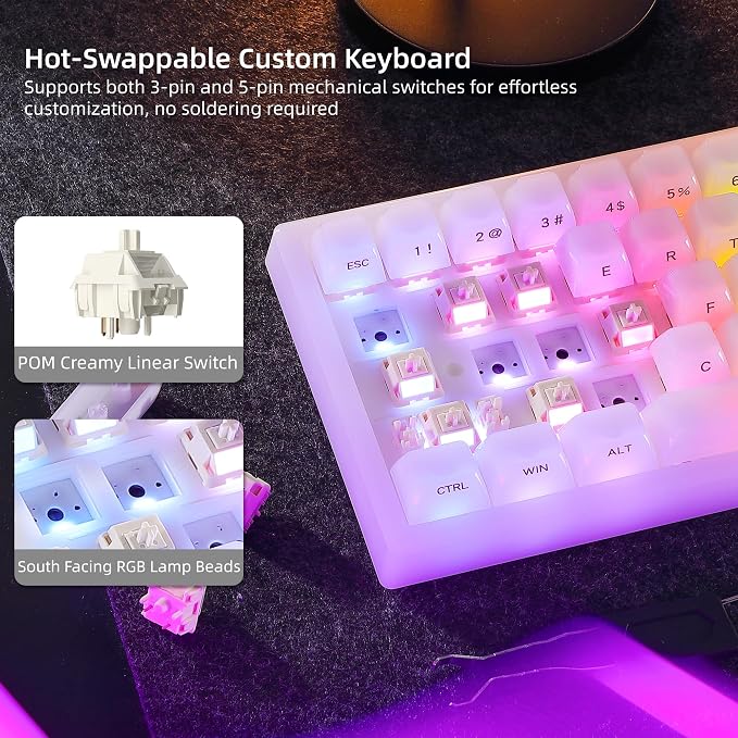 Womier Wireless 60% Gaming Keyboard with Dedicated Knob, QMK/VIA Creamy Mechanical Keyboard, Tri-Mode Thocky Custom Jelly White Key Board, Hot Swappable Gasket Mount RGB for Win/Mac(Q61 V2)