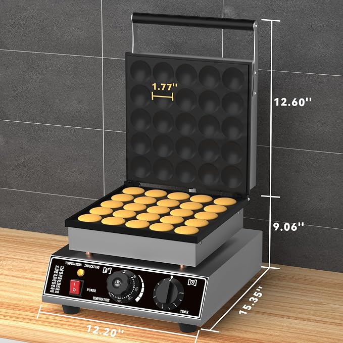 Commercial 25-Piece Mini Dutch Pancake Maker, 1750W Electric Non-Stick Griddle, Adjustable Temp & Timer, Even Heating, Stainless Steel, with Lid, Ideal for Poffertjes, Dorayaki, Restaurant & Home Use