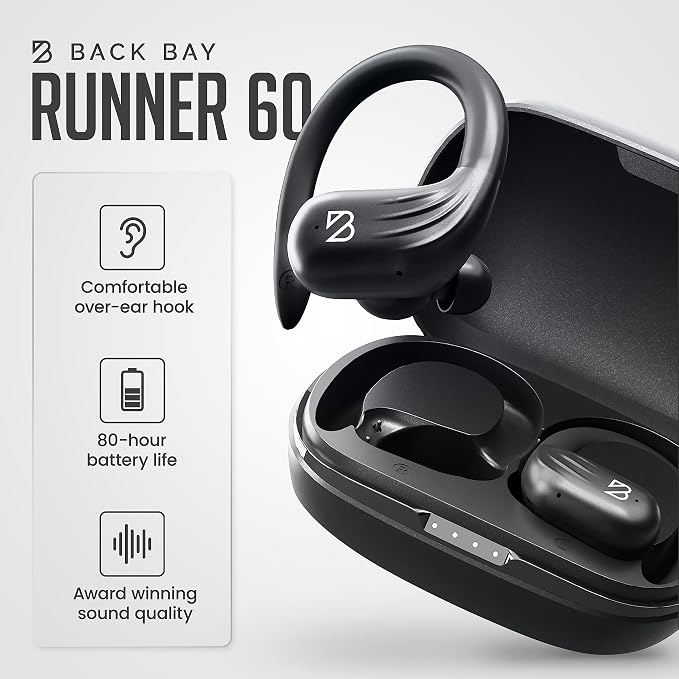 Back Bay Audio Runner 60 Wireless Running Earbuds, 80 Hour Long Battery Life Over the Ear Earbuds with EarHooks, Wrap Around Earphones Wireless Bluetooth Earphones with Microphone, in Ear Headphones