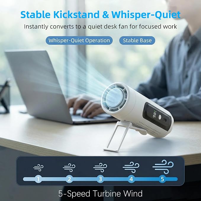 Portable Handheld Fan with Ice Cooling Plate, 3 in 1 Mini Personal Fan with Light & Clip, 5 Speed Rechargeable Fan with LED Display & Hidden Stand, Hands Free Camping Fan for Travel, Desk (White)