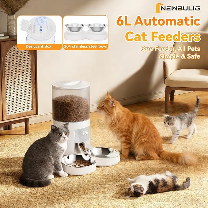 NEWBULIG Automatic Cat Feeder for 2 Cats, 6L/25.3 Cups Timed Pet Feeders with Dual Bowls, 10s Voice Recorder, Dog Food Dispenser for Dry Food, 6 Meals/Day, 50 Portions/Meal, Dual Power Supply, White