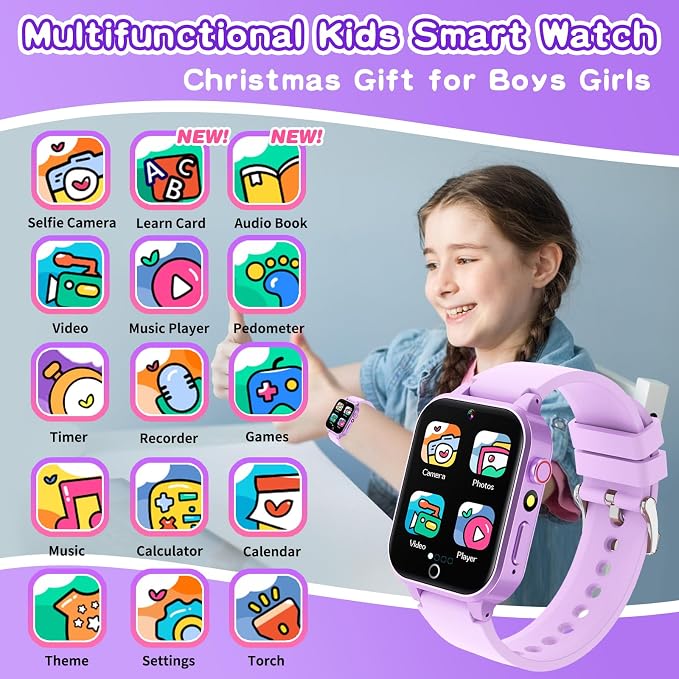 Kids Smart Watches Girls Age 5-12, 26 Games High-Resolution Touchscreen Kids Watch with Video Camera Music Player Pedometer Flashlight 12/24 hr Educational Toys Birthday Gifts for Girls Ages 6 7 8