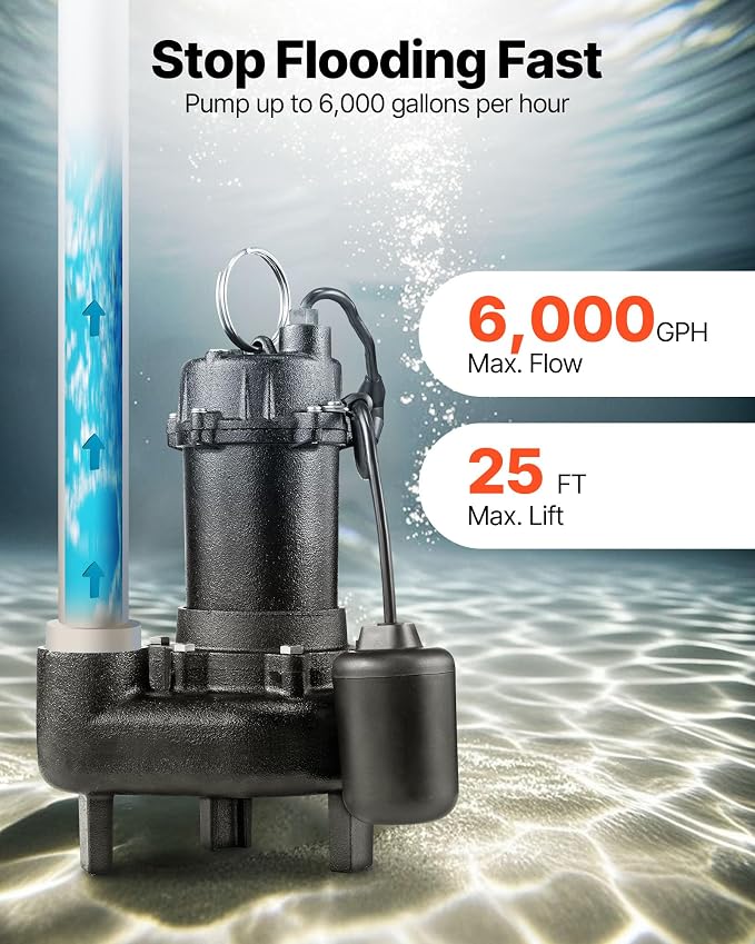 VEVOR Submersible Sewage Pump, 1/2 HP, 6000 GPH Cast Iron Sewage/Effluent Pump with Automatic Tethered Float Switch, 2-Inch NPT Discharge, 120V, 25 ft Max Lift, for Basement, Septic Tank, Residential