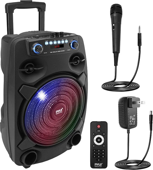 Pyle Portable Bluetooth PA Speaker System - 800W 12” Outdoor Bluetooth Speaker Portable PA System - Party Lights, USB SD Card Reader, FM Radio, Rolling Wheels - Wired microphone, Remote - PPHP127B