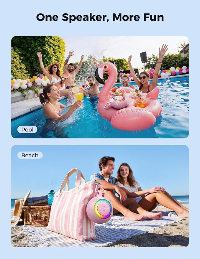 Bluetooth Shower Speaker Waterproof IPX7: Removable Vacuum-Lock Suction Cup, 360° Surround Sound, RGB Light, Portable Wireless Speaker for Beach, Pool, Kayak, Back to School Gifts for Adult Teen-Pink