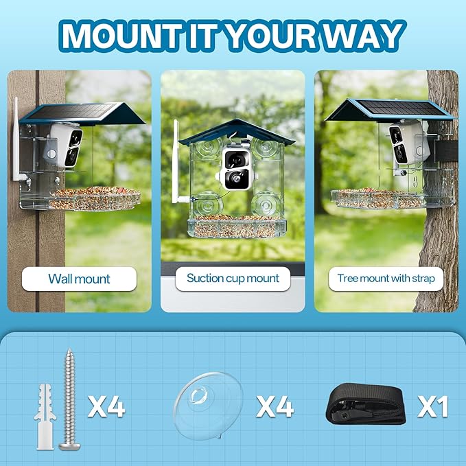 Smart Bird Feeder with Camera Solar Powered, 2.4Ghz/5Ghz WiFi Instant Notifications Smart Window Bird Feeder for Outdoor, 2K HD AI Identify Birds SpeciesGifts for BirdLovers Kids Grandparents