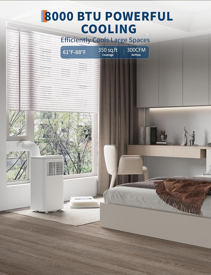 8,000 BTU Portable Air Conditioners, Quiet Portable Cooling AC Unit Up to 350 Sq.Ft. with Dehumidifier, 24H Timer, Sleep Modes, 3 in-1 AC Unit with Remote Control, for Bedroom, Room, Office,Apartment