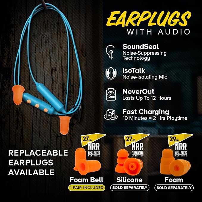 Plugfones Basic Pro Bluetooth Earplug Headphones for Work, 27dB NRR Replaceable Foam Earplugs, OSHA Compliant Hearing Protection, Wireless Safety Earbuds with Noise-Isolating Mic (Blue & Orange)