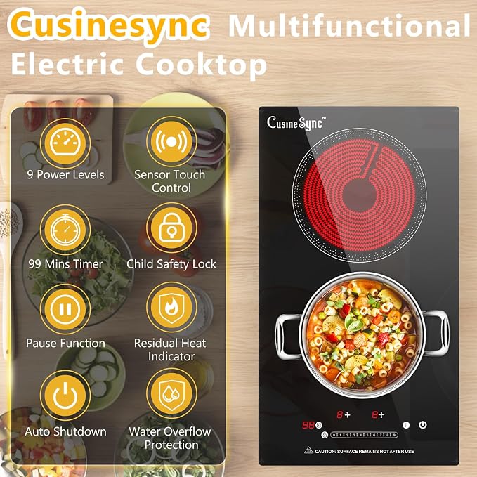 2 Burner Electric Cooktop, 110-120V Plug In Countertop Stove, Touch Control with 99-Min Timer, Child Lock & Auto Shutoff, 12 Inch Radiant Cooktop for Indoor Cooking