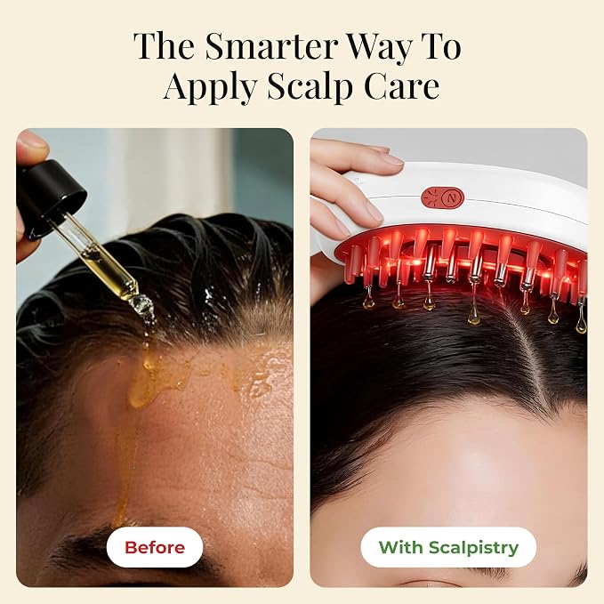7-1 Red Light Hair Brush Comb | Vibrating Electric Red Light Scalp Massager + Oil Applicator for Fuller-Looking Hair Care | Scalp Massage for Head Spa | Portable, Cordless & Waterproof