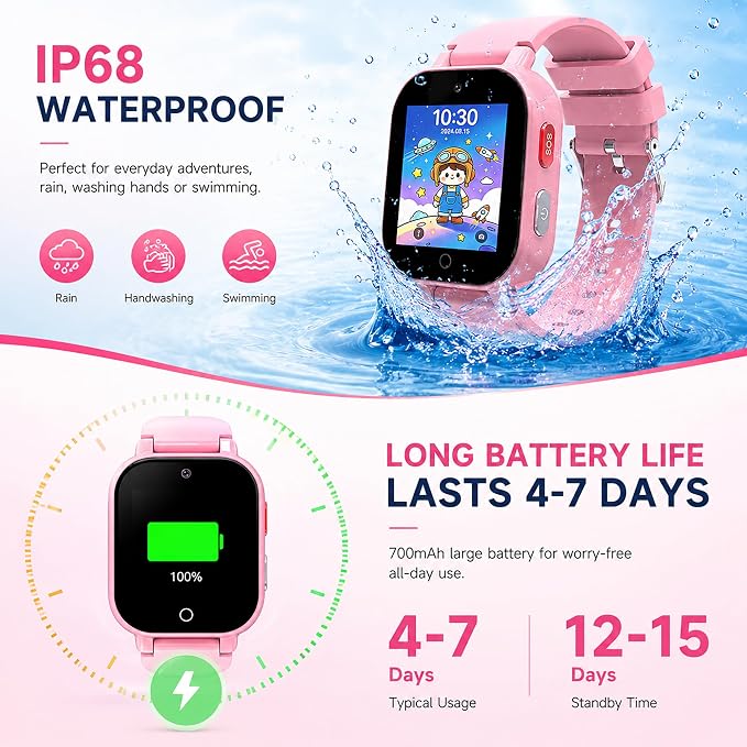4G Kids Smart Watch with GPS Tracker, Video & Voice Call, SOS, WiFi, IP68 Waterproof, AI Smart Features, Parental Control Phone Watch for Boys Girls Age 4-12(SIM Card Included)