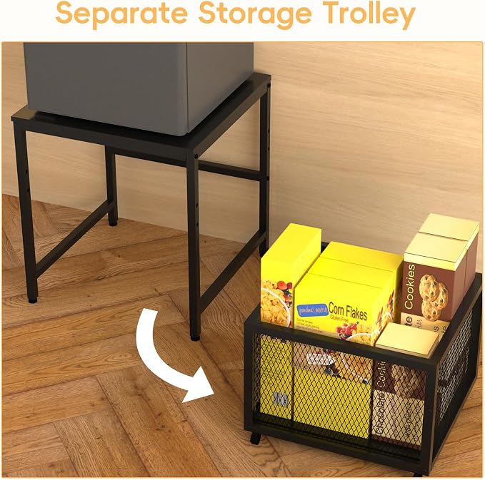 FAHKNS Mini Fridge Stand 19.7 Inch Square Mobile Mini Fridge Cart with Storage Drawer Basket Heavy Duty Fridge Cart, Large Capacity Storage Beverage Refrigerator Table, Black