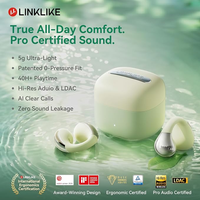 Linklike Most Comfortable Open Ear Clip On Earbuds [Patented Zero Pressure & Top Hi-Fi] Hi-Res LDAC, 40H+ Battery, AI Clear Calls & No Sound Leakage, Ultralight 5g Fit for All Ears, Ideal Gifts-Green