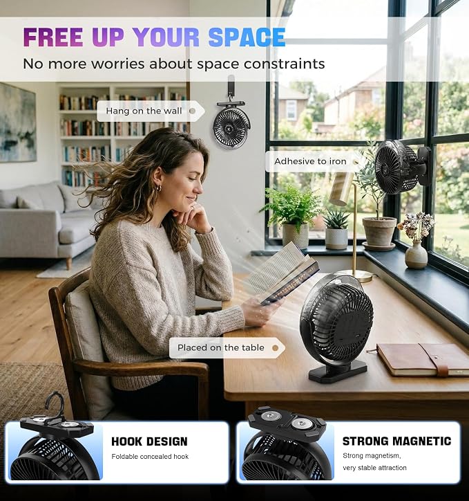 Magnetic Golf Cart Fan, Camping Fan with Misting & LED Light, Rechargeable Portable Fan with 12000mAh Battery and Strong Magnet Base, 3-Speeds Battery Operated Fan for Golf Cart, Cruise Ship, Tent