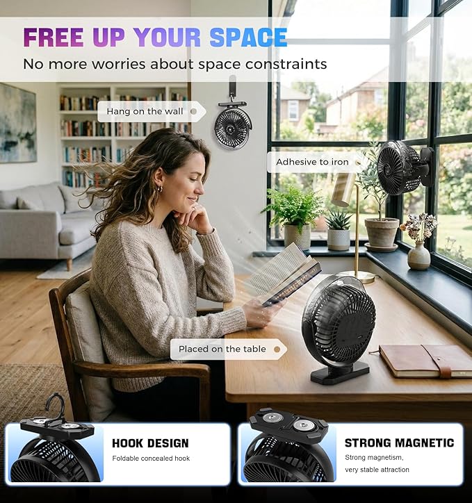 Magnetic Fan for Cruise Ship Cabin, 12000mAh Rechargeable Portable Misting Travel Fan, 80kg Strong Magnet Base & Hook, LED Light, Power Output, Approved for Cruise Line & Golf Cart