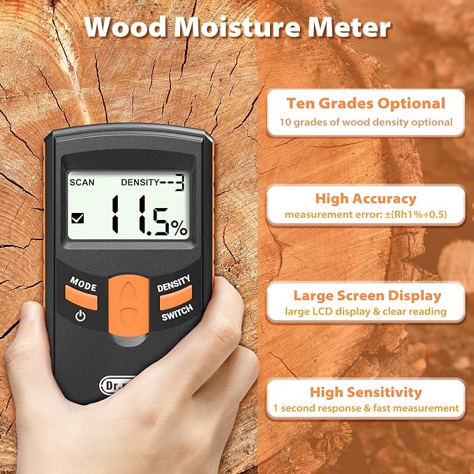 Dr.meter Pinless Wood Moisture Meter, Non-Destructive Moisture Detector for Wood Firewood, 4%-80% Measuring Range Digital Sensor Scanner (MD918)