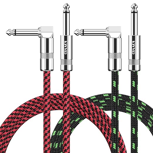 10FT 2 Pack Instrument Cable - Electric Guitar & Bass Guitar Cable with Right Angle 1/4 Inch Connectors, Green and Red