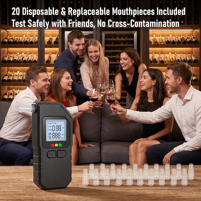 Breathalyzer Alcohol Tester，Professional Dual-Sensor Alcohol Tester with LCD Digital Display - Portable BAC Detector Kit, Includes 20 Replacement Mouthpieces for Driving, Home, Party